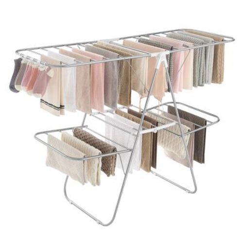 SONGMICS 2-Level Clothes Drying Rack Laundry Drying Rack with Height-Adjustable Wings 33 Drying Rails Sock Clips Silver and White