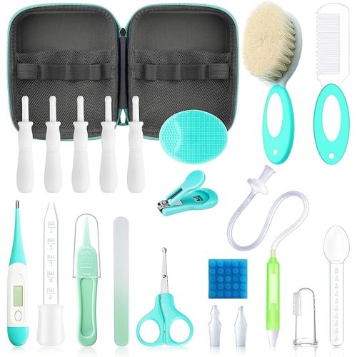 Baby Healthcare and Grooming Kit, 28 in 1 Portable Baby Essentials Kit Electric Nail Trimmer Set with Gas Relief Hair Brush Comb Nasal Aspirator for Newborn Boys Girls (Grey White)