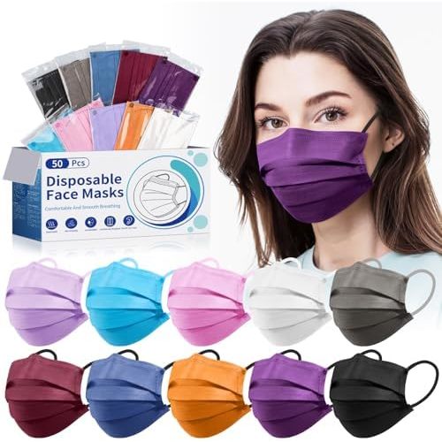 Disposable Face Mask for Adults - 4 Ply Protection, Individually Wrapped 50 Pack, 10 Colors, Breathable Comfortable & Safe