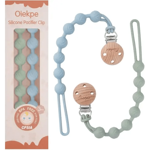 Pacifier Clips for Baby Boys Girl - 100% Food Grade Silicone, One Piece Pacifier Clip Holder, Wooden Clips Design, Paci Clip Soothe Baby Binky Holder for Shower Birthday Gift(SE)