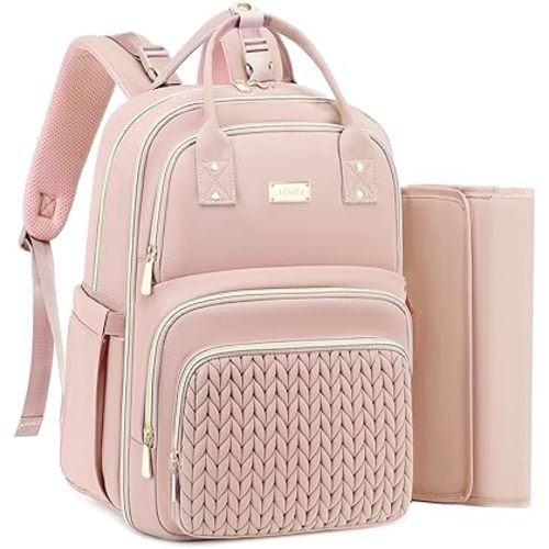 AIJIEKE Quilted Diaper Bag Backpack with Changing Pad & Stroller Straps, Large Baby Bag for Mom and Dad, Travel Backpack Diaper Bag with Insulated Pockets & Wet/Dry Separation, Lightweight, Pink