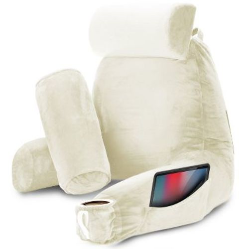 Nestl Memory Foam Reading Pillow, Large Reading & Bed Rest Pillow, Beige Cream Back Pillow with Pockets