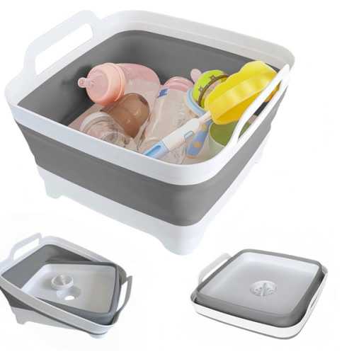 Collapsible Wash Basin for Baby Bottles - 2.4 Gallons Portable Wash Bin for RV Camping Sink, Space-Saving Dish Tub (Green)