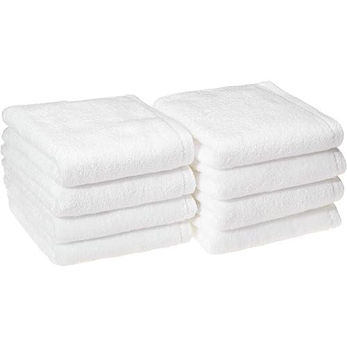 Amazon Basics 100% Cotton Soft, Quick-Dry Absorbent Hand Towels, 8-Pack, White, 28" x 16"