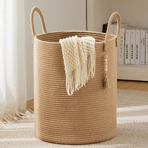 Jute Rope Laundry Hamper Basket, 58L Tall Woven Collapsible Baskets for Blanket Organizing Clothes Hamper for Laundry Bedroom Storage