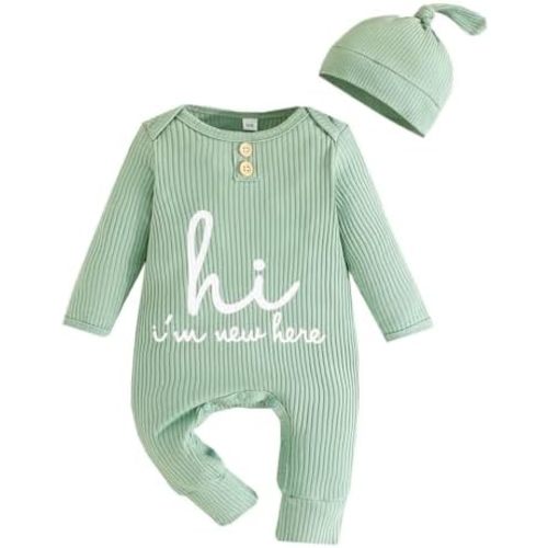 Bafeicao Newborn Baby Boy Girl Romper Ribbed Long Sleeve Jumpsuit with Hat Infant Coming Home Outfit Clothes Set