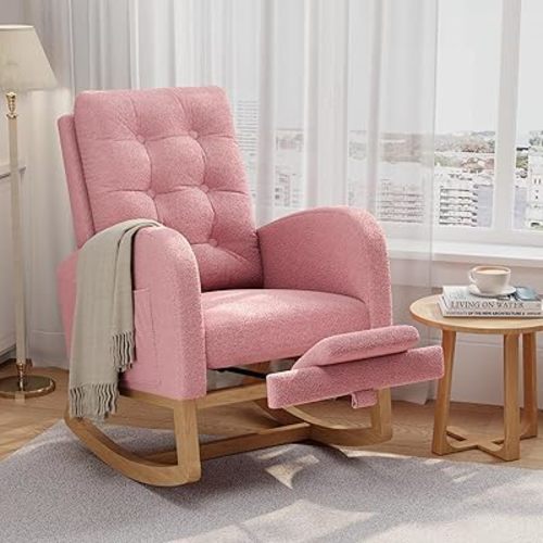 GarveeHome Nursery Rocking Chair with Adjustable Footrest, Teddy Fleece Upholstery, Sturdy Wooden Legs & High Backrest, Comfortable Glider Rocking Chair for Living Room or Bedroom, Pink