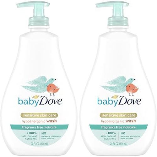 Baby Dove Sensitive Skin Care Baby Wash For Bath Time, Moisture Fragrance Free and Hypoallergenic, Washes Away Bacteria 20 oz (Pack of 2)