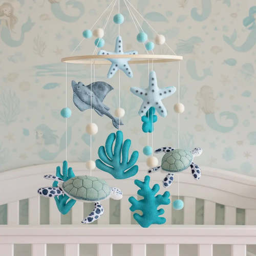 Ocean Baby Mobile for Nursery | Handmade Felt Sea Turtle, Starfish & Coral Crib Mobile