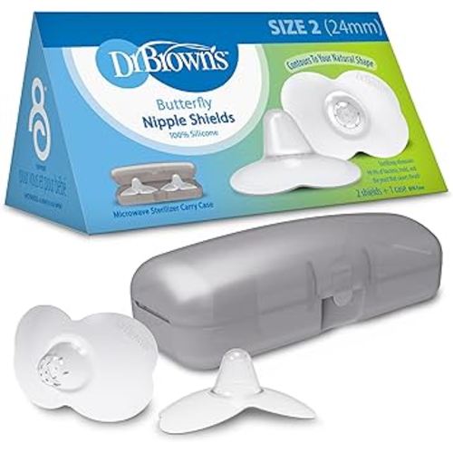 Dr. Brown's Butterfly Breastfeeding Nipple Shields for Protecting Sore, Flat or Inverted Nipples, Essential for Latching Difficulties with Microwave Sterilizer Carrying Case, Size 2, 24mm