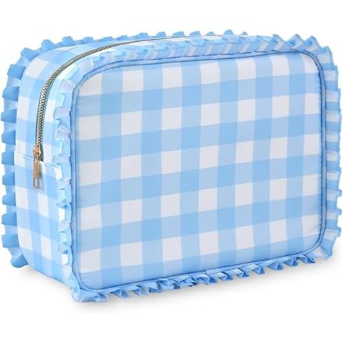 Gingham Ruffle Makeup Bag,Large Travel Cute Cosmetic Bag for Women Girls,Toiletry Bag Make up Organizer 11.8 x 4.7 x 9 inch (Blue Gingham)