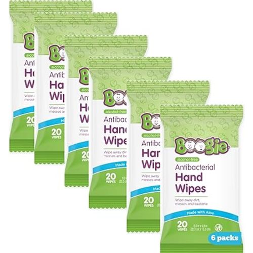 Antibacterial Hand Wipes by Boogie, Alcohol Free, Hypoallergenic and Moisturizing Aloe, Hand Wipes for Kids and Adults, 6 Packs of 20 (120 total wipes)