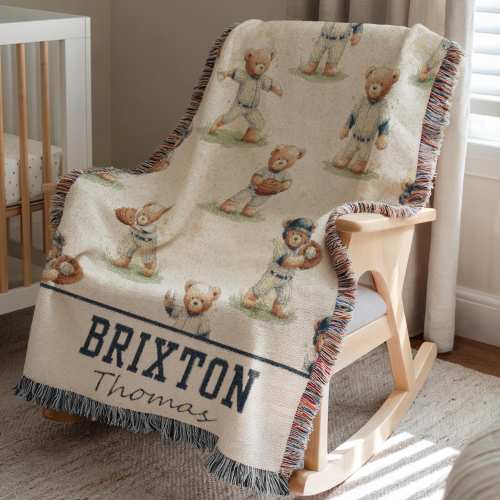 Personalized Nursery Baseball Boy Name Blanket, Vintage Teddy Bear Baby Woven Throw Blanket, Custom Kids Sports Gift, Newborn name Keepsake