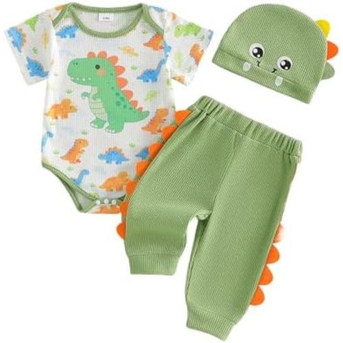 Lamuusaa Newborn Baby Boy Clothes 0 3 6 12 18 Months Short Sleeve Dinosaur Romper Waffle Long Pants Hat Summer Outfit