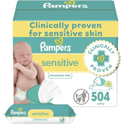 Pampers Baby Wipes Sensitive, Water Based Baby Wipes, Hypoallergenic and Unscented Baby Wipes, 504 Wipes Total (6 Flip-Top Packs)