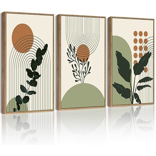 PHOPAGO Boho Plant Wall Art Green Botanical Bohemain Framed Wall Printing 16x24in Abstract Canvas Prints with Leaf & Sun Lines Bedroom Living Room Decor - Natural Framed