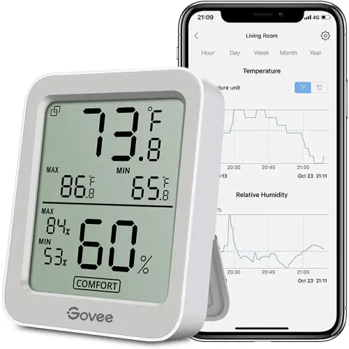 Govee Bluetooth Digital Hygrometer Indoor Thermometer, Room Humidity and Temperature Sensor Gauge with Remote App Monitoring, Large LCD Display, Notification Alerts, 2 Years Data Storage Export, Grey
