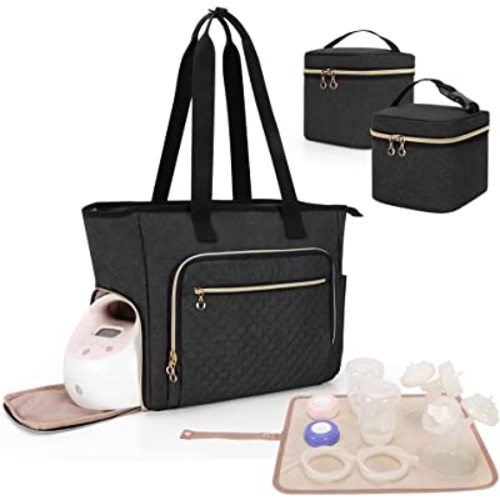 Luxja Breast Pump Bag (with a Breastmilk Cooler Bag, a Small Carrying Case and a Waterproof Mat) Compatible with Spectra S1 and S2, Pumping Bag for Breast Pump and Extra Parts, Black