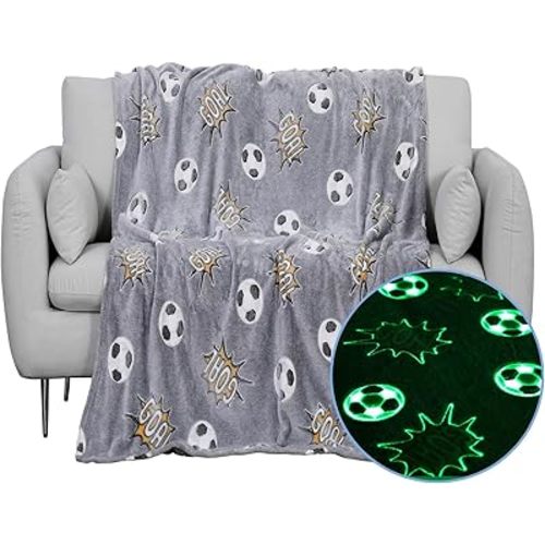 Glow in The Dark Blanket Soccer for Kids Boys Girls Fun Soft Plush Flannel Furry Fluffy Nap Sleep Blanket, Christmas Thanksgiving Birthday Magical Decor Luminous Throw 50"x60"