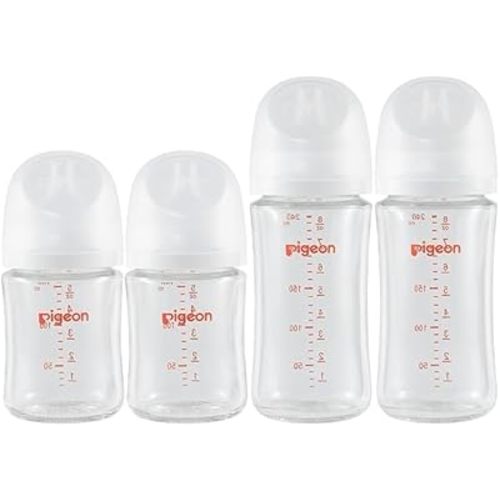 Pigeon Glass Nursing Baby Bottle Wide Neck(Pack of 4), Streamlined Body, Natural Feel, Easy to Clean, Heat-Resistant, 5.4Oz and 8.1 Oz