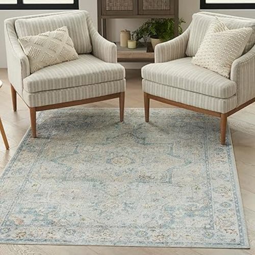 Nourison Astra Machine Washable Traditional Light Blue 4' x 6' Area -Rug, Easy -Cleaning, Non Shedding, Bed Room, Living Room, Dining Room, Kitchen (4x6)