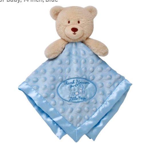 Plush Bear Snuggle Blanket with Thank Heaven Embroidery and Satin for Baby, 14 inch, Blue