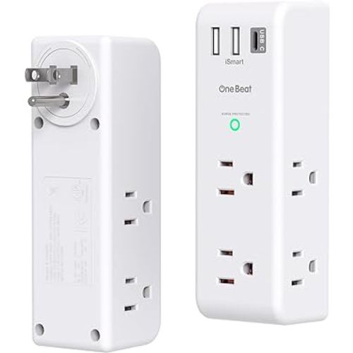 2 Pack Surge Protector Outlet Extender with Rotating Plug, 6 AC Multi Plug Outlet with 3 USB Ports (1 USB C), 1800 J, 3-Sided Swivel Power Strip with Spaced Outlet Splitter for Dorm Office, White