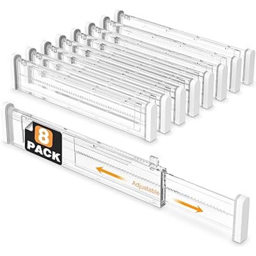 HiYZ Adjustable Drawer Dividers - Expandable 12.6''-22.8'' Kitchen Drawer Organizers Separators for Utensils, Tools, Clothing, Socks, Dresser, Easy Assemble, Secure Fit - 8 Long Dividers