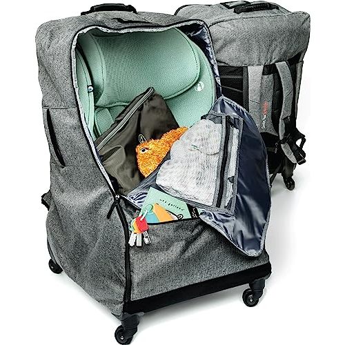 The Little Stork Car Seat Travel Bag With Wheels - 3 In 1 Padded Carseat Carrier Backpack With Extra Storage To Cover All Your Toddler Airplane Travel Essentials - Baby Car Seat Bags For Air Travel