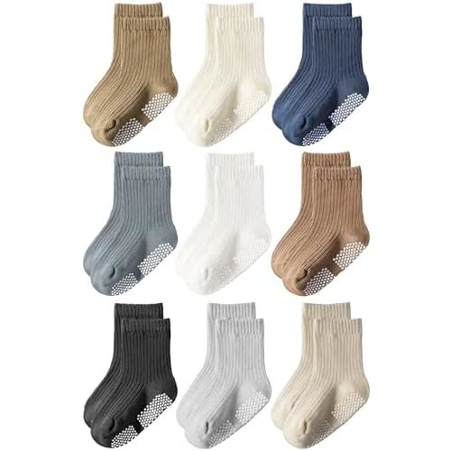 HONGTEYA 9 Pairs Toddler Boys Socks, Baby Non Slip Socks for Infant Cotton Sock with Grippers 0-5 Years