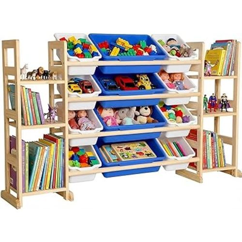 Amdermi Kids Toy Storage Organizer, 51" W White 6-Shelf Bookcase with 12 Bins, Cubby Unit for Toddler Playroom & Bedroom Organization (Blue)