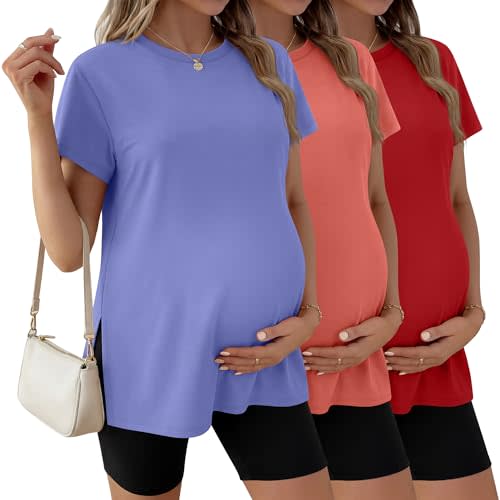 Ficerd 3 Pack Women's Maternity T Shirts, Short Sleeve Side Split Pregnancy Tops Casual Crew Neck Pregnant Tees Mama Clothes