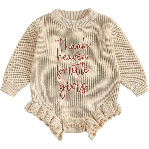 Infant Baby Girl Sweater Romper Embroidery Long Sleeve Ruffle Chunky Knit Sweatshirt Rompers Fall Winter Clothes