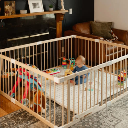 HARPPA Wooden Baby Gate Playpen | Non-Toxic Foldable DIY Adjustable Play Yard for Infants & Toddlers – Natural Finish Baby Fence for Small & Large Spaces