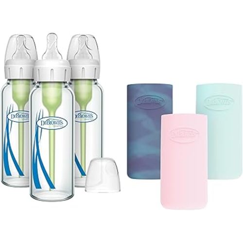 Dr. Brown's Anti-Colic Options+ Narrow Glass Baby Bottles with Silicone Sleeves, Glow, Mint, Pink, BPA-Free, 8 oz/250 mL, 0m+, 3-Pack
