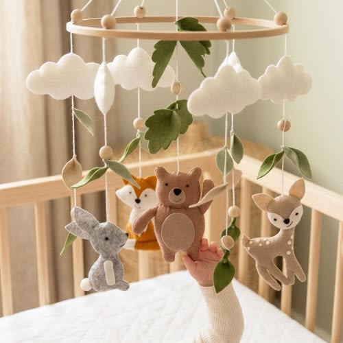 Woodland Baby Mobile + Wooden Holder + Music | Neutral Nursery | Forest Animals Bear Newborn Crib Toys