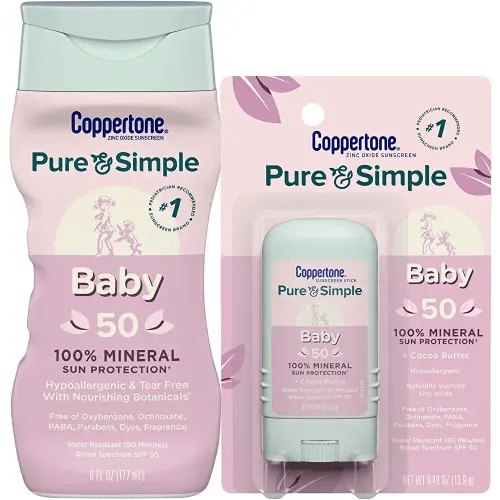 Coppertone Pure and Simple Baby Mineral Sunscreen Pack, Hypoallergenic and Tear Free Sunscreen for Babies, Baby Sunscreen Lotion SPF 50, 6 Fl Oz Bottle + Baby Sunscreen Stick SPF 50, 0.49 Oz