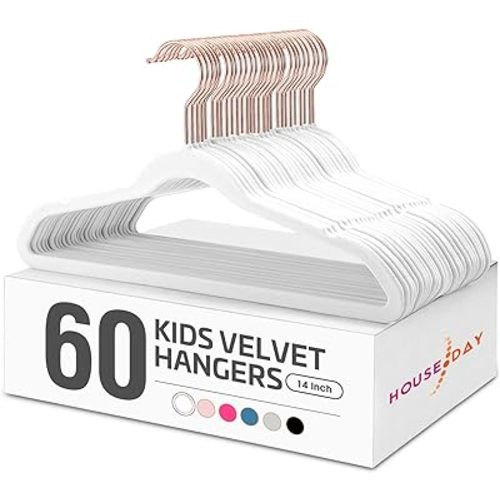 HOUSE DAY Velvet Kids Hangers 60 Pack, Premium Childrens Hangers for Closet, Ultra Thin Cute Hangers Kids Clothes Hanger, Non Slip Kids Felt Hangers 14 Inch, Small Hangers for Kids Clothes, White