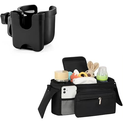 Accmor Universal Stroller Cup Holder & Stroller Organizer Bundle, Stroller Cup Holder Stroller Organizer fits for Uppababy, Baby Jogger Strollers