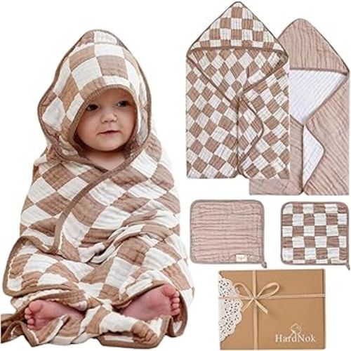 4-Pc Ultra-Soft Muslin Baby Towel Set - Bath & Beach, (Coffee Checkered, 32“x32)