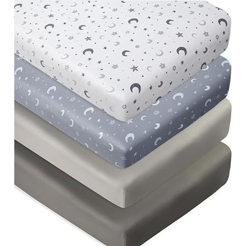 4 Pack Crib Sheets Soft Neutral Unisex Fitted Baby Standard Mattress Crib Sheets Set Set for Baby Boys or Girls (Moon)