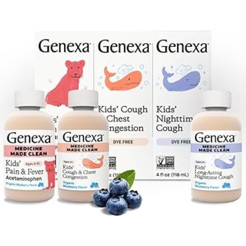 Genexa Kids' Clean Cough, Pain & Fever Acetaminophen Value 3-Pack, Dye Free, 0% Artificial Additives, Cough Care for Children, Fever & Pain Reliever, 12 fl oz (3 Bottles)