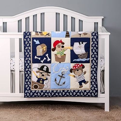 Brandream Boys Crib Bedding Sets Nautical Anchor Palm Dog Pirate Theme Nursery Set - Baby Quilt, Fitted Crib Sheet, Crib Skirt Included, 3 Pieces Navy Blue