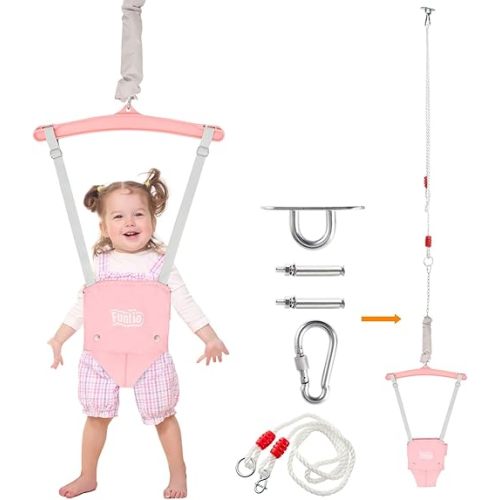 FUNLIO Baby Jumper with a Ceiling Hook for 6-24 Months, Baby Door Jumper for Indoor/Outdoor Play, Infant Jumper Doorway with Adjustable Chain, Easy to Assemble & Store (with a Ceiling Hook) - Pink