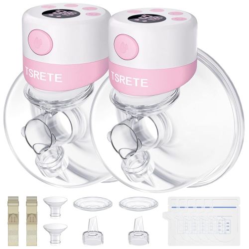 TSRETE Breast Pump, Double Wearable Breast Pump, Electric Hands-Free Breast Pumps with 2 Modes, 9 Levels, LCD Display, Memory Function Rechargeable Double Milk Extractor-21/24mm Flange, Pink