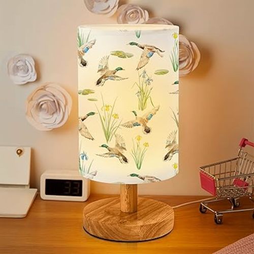 Mallard Duck Bedside Table Lamp for Bedroom with USB Port (White and Green)