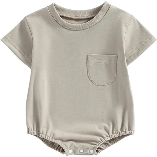 Hoanselay Newborn Infant Baby Boy Girl Basic Plain Pocket Long Sleeve Romper Bodysuit Tops Solid Fall Outfit Clothes - A-khaki