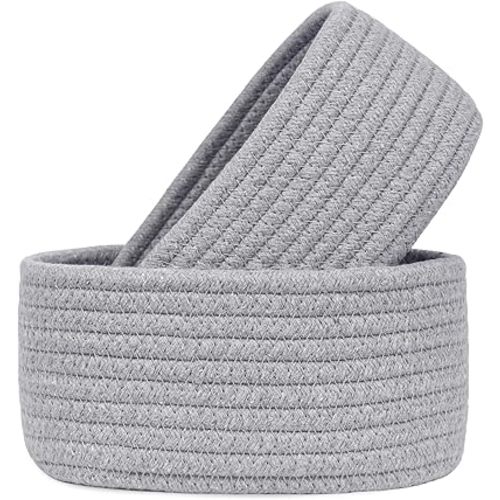 【2 Pack】ABenkle Small Woven Baskets, Tiny Oval Shallow Storage Baskets, Mini Cotton Rope Empty Decorative Basket, Boho Little Organizer Bins for Bathroom, Cat Dog Toy Gifts Baskets