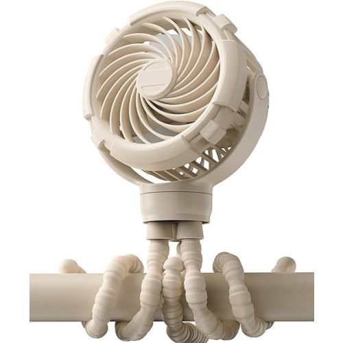 Stroller Fan, Rechargeable with TYPE-C Port, 4000mAh, 360° Rotatable, 3-Speed, Flexible Tripod, Clip Anywhere for Baby's Comfort - Durable and Easy to Clean,Beige