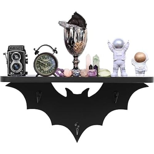 Bat Shelf Floating Shelves for Wall Decor,Black Shelves for Bedroom-Halloween Goth Room-Black Hanging Shelves with 3 Key Hooks